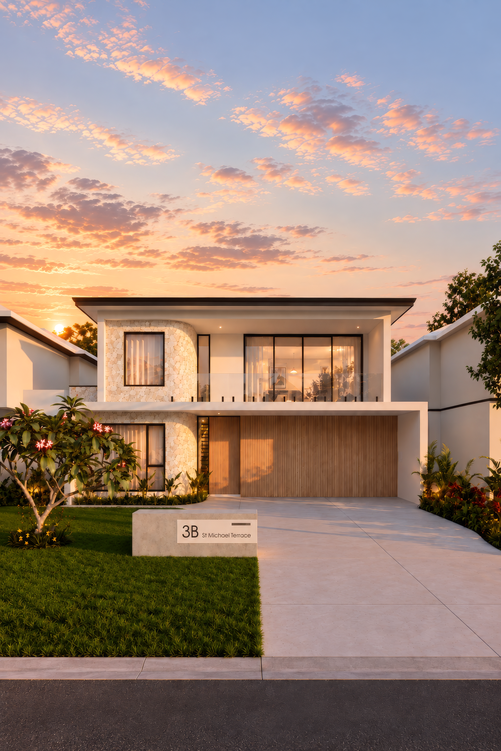 Architectural render of a two-storey custom home coming soon in Mount Pleasant, Perth, featuring expansive glazing, feature lighting and landscaped gardens at sunset.