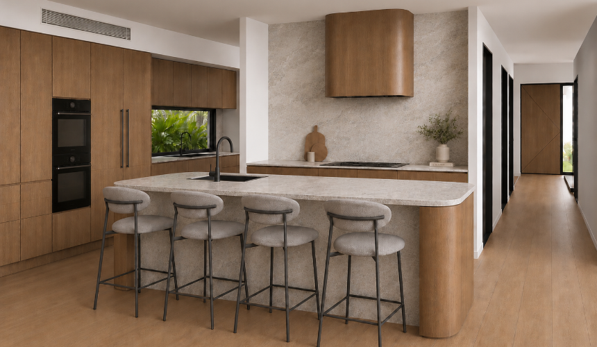 Architectural render of a Mount Pleasant custom home kitchen featuring a natural stone island benchtop, timber cabinetry and upholstered bar stools.