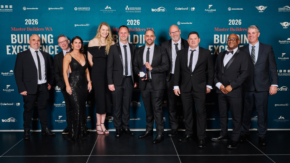 Trendsetter Homes team celebrating their award win at the 2026 Master Builders WA Building Excellence Awards in Perth.